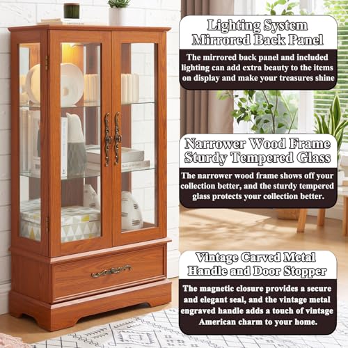 Image of 47 inch H Lighted Curio Cabinet Display Case, Glass Cabinet with Adjustable Shelves,Tempered Glass Door and Drawer, Wooden Curio Cabinet with Mirrored Back Pane for Living Room (Dark Oak)