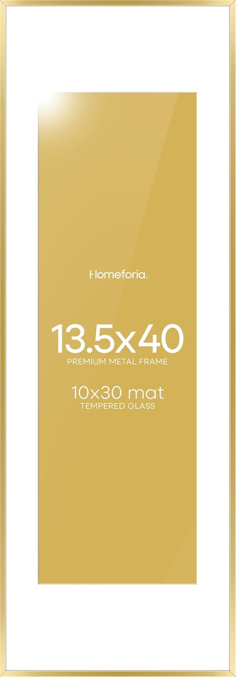 13.5x40 Gold Picture Frame, High-End Metal, 10x30 Mat, Glass | High End Aluminum, Tempered Glass, Acid-Free 10x30 Removable Mat, 13.5x40 in Edge-to-Edge Display 40x13.5, Wall Kit, Set Of 1