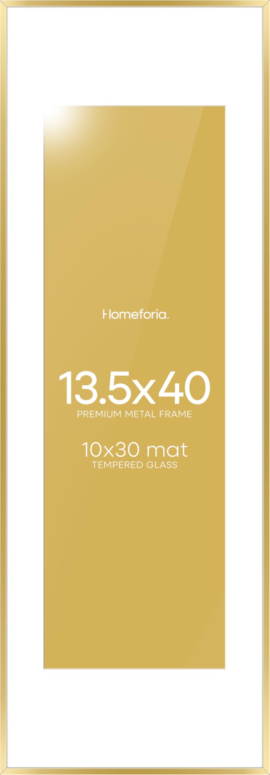 Homeforia 13.5x40 Gold Picture Frame, High-End Metal, 10x30 Mat, Glass | High End Aluminum, Tempered Glass, Acid-Free 10x30 Removable Mat, 13.5x40 in Edge-to-Edge Display 40x13.5, Wall Kit, Set Of 1
