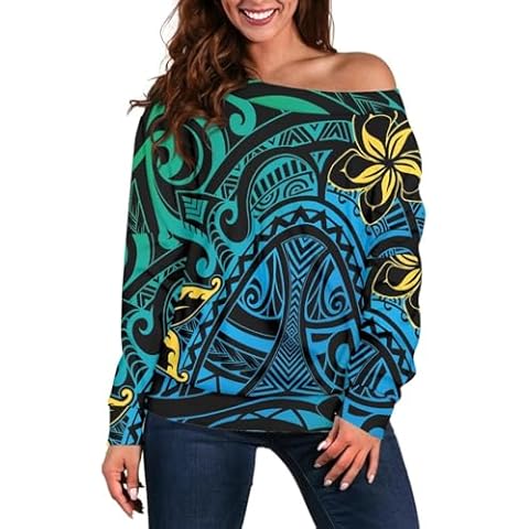 Hdjxbdhsv Long Sleeve Lightweight Off Shoulder Blouse Polynesian Tribal Hawaiian Flowers Print Women's Causal Chiffon Clothes Islanders Cover