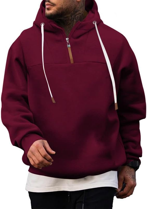 HOTYD Mens Solid Color Quarter Zip Pullover Hoodies Drawstring Mock Neck Long Sleeve Hooded Sweatshirt Fall Casual Hoodie
