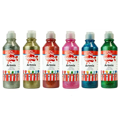 Scola Readymix Water Based Tempera Paint, 6 Assorted Glitter Colours, 300ml Bottles, Safe Non-Toxic Poster Paints, Craft Projects, Suitable for 3+