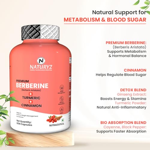 Image of NATURYZ Premium Berberine + Cinnamon + Turmeric Weight Loss Supplement for Women | Supports in Management of PCOS & Hormonal Balance | Regulates Blood Sugar & Cravings | Plant Based - No Chemicals | Bio Absorption Blend for faster Absorption | Vegetarian- 60 Capsules