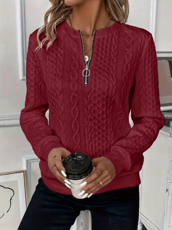 Sweatshirts Femme Demi-Fermeture Éclair Sweat sans Capuche Casual T-Shirts Manches Longues Chic Texture Torsadée Haut Décontracté Élégant Automne Pull pour Tous Les Jours Sportwear