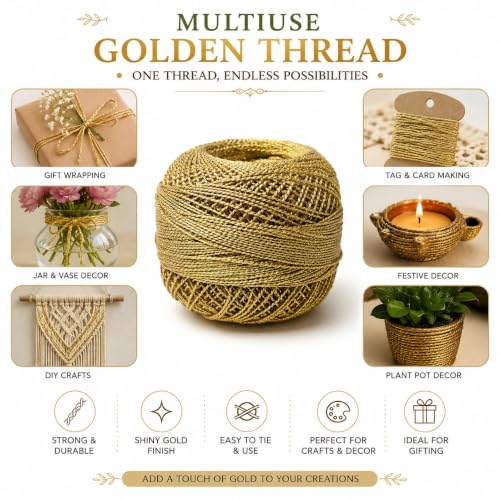 Image of Adikala Metallic Cotton Tatting Shuttle, Crochet Dori Balls for Knitting, Weaving, Embroidery and Craft Making (Set of 4)- 100GMS (Golden)