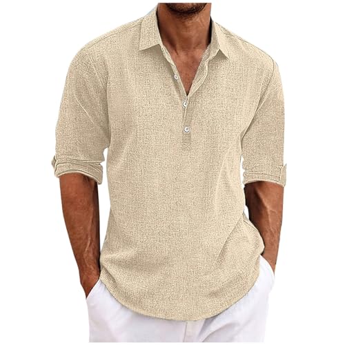 Men Cotton Linen Shirt 1/4 Button Laple Long Sleeve Henley Shirt Summer Casual Fashion Loose Breathable Beach Blosue