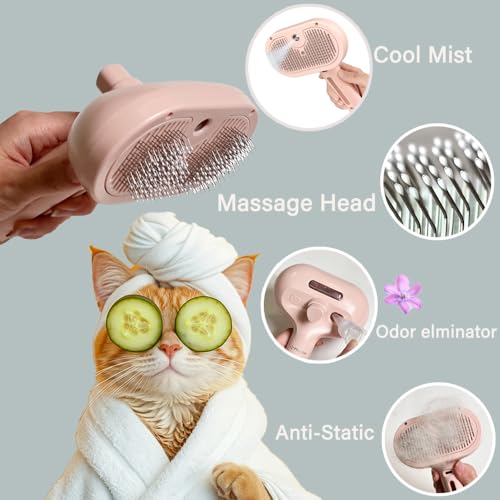 Image of Cat Steam Brush 2024 NEW- Steamy Cat Dog Brush with Release Button and Cool Mist, 3 In 1 Water Brush for Indoor Cat and Dog, Steam Pet Brush for Shedding, Pet Hair Removal Comb with Water Tank (Pink)