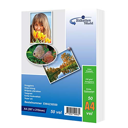 EtikettenWorldPhoto Paper, A4, Glossy, 230 GSM, 50 Sheets, Recyclable