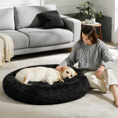 Image of ZEXSAZONE Summer Round Donut Pet Bed for Cats and Puppies Dogs Mat Cozy and Plush Raised Bedside Support Both Sides Use Like 2 in One Washable Sizes for Small Medium and Large Pets Black Large