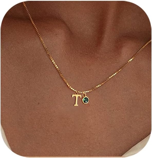 Initial Necklaces for Women, 14k Gold Plated Necklace Dainty Gold Letter Choker Necklaces,Cute Letter necklace Green Pendant Necklace Gold necklace for women Jewelry Gifts(T,Green)
