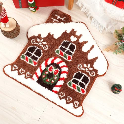 Christmas Gingerbread House Bath Mat Non-Slip Super Absorbent Candyland Shower Rug Festive Plush Microfiber Bathroom Decor Non-Skid Backing for Winter Holiday Home Kitchen Living Room 22.8 x 23.6