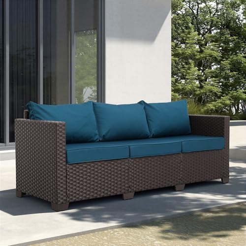 Valita Patio Furniture 3-seat Sofa Brown Wicker Outdoor Furniture Outdoor Couch Deep Seat High Backrest Waterproof Cover Anti-Slip Washable Cushions, Peacock Blue