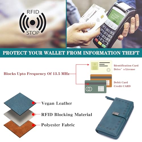 Image of Wallet for Women Large Capacity RFID Blocking Leather Bifold Card Holder with Zipper Change Pocket