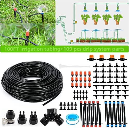 MIXC Drip Irrigation Kit, 100FT Garden Irrigation System Plants Watering System For Lawn Patio Raised Bed Automatic Irrigation Equipment With 1/4" Blank Distribution Tubing , Adjustable Nozzle Emitters Sprinkler, Barbed Parts And Irrigation Connectors