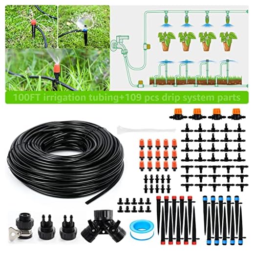 MIXC Drip Irrigation Kit, 100FT Garden Irrigation System Plants Watering System For Lawn Patio Raised Bed Automatic Irrigation Equipment With 1/4" Blank Distribution Tubing , Adjustable Nozzle Emitters Sprinkler, Barbed Parts And Irrigation Connectors