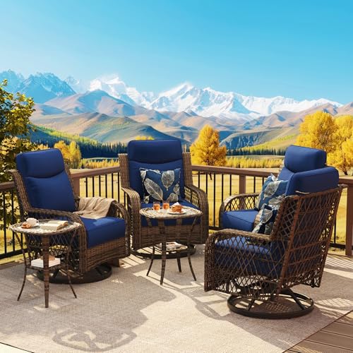 PIZZELLO Outdoor Swivel Rocker Chairs 6 Pieces Wicker Swivel Patio Chair with Rattan Side Table, 5