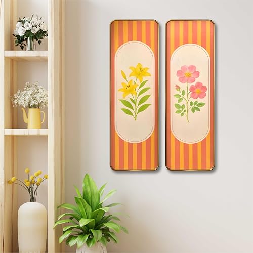 Image of Livin'luxe Striped Floral Set of 2 Vertical MDF Wall Panels | Premium Sparkle Lamination Finish | Modern Yellow & Pink Flower Art for Living Room & Bedroom Wall Decor 20 Inch x 30 Inch