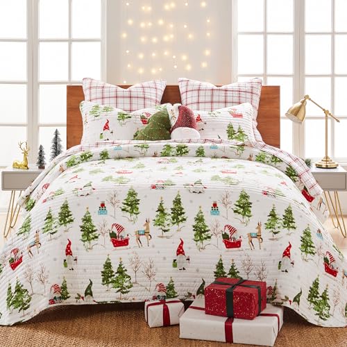 Levtex Home Merry & Bright Collection - Gnome Forest Quilt Set - King Holiday Quilt 102x86 and Two King Shams 20x36 - Christmas Gnomes - Red, Green and White - Reversible - Polyester