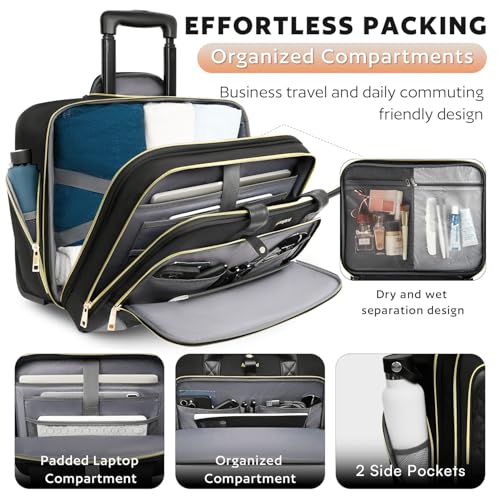 Bolsa feminina com rodinhas para laptop, com bolso à prova d'água, bolsa de computador de 43 cm par