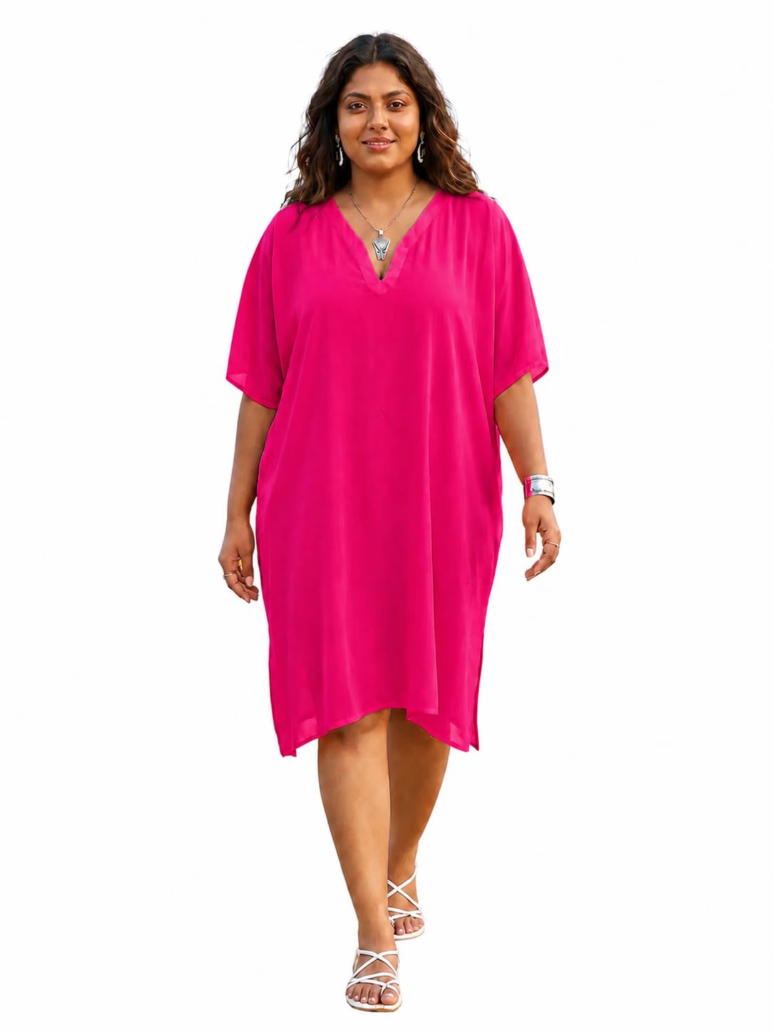 Beach Wear V-Neck Kaftan Dress, Georgette, Solid, Regular Fit, Women's Cover-Up-image-18