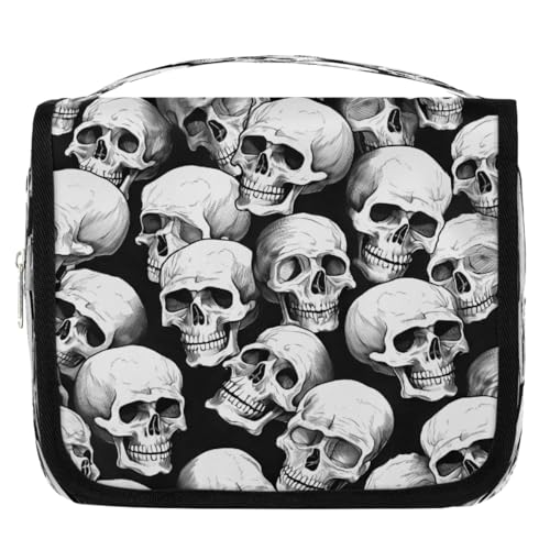 Mexpekil Halloween Skull Pattern Toiletry Bag for Women Men Ladies, Waterproof Hanging Travel Wash Bag with Hook, Cosmetic Makeup Bag Organiser
