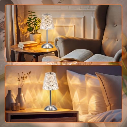 Image of Liliful 2 Pcs Cordless Table Lamp Rechargeable Touch LED Small Gold Portable Battery Operated USB-c Desk Lamp 3 Color Dimmable for Bedroom Living Room Dining (Silver,Diamond Style)
