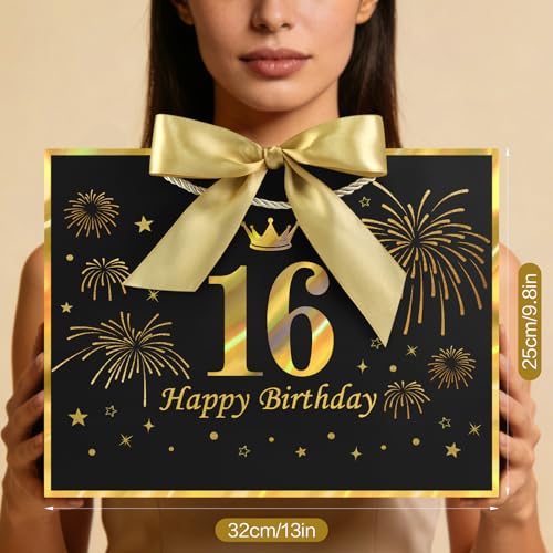 Image of JMANNI Black Gold 16th Birthday Gift Bag with Card and Tissue Paper, 12.6 inchx9.84 inchx3.9 inch Elegant Present Bag for Teens, 16 Year Old Birthday Keepsake Party Supplies