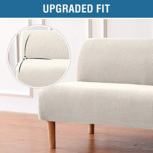 Armless Futon Cover Stretch Sofa Bed Slipcover Protector Elastic Feature Rich Textured High Spandex Small Checks Jacquard Fabric Futon Cover, Machine Washable, Ivory, One #TOP2
