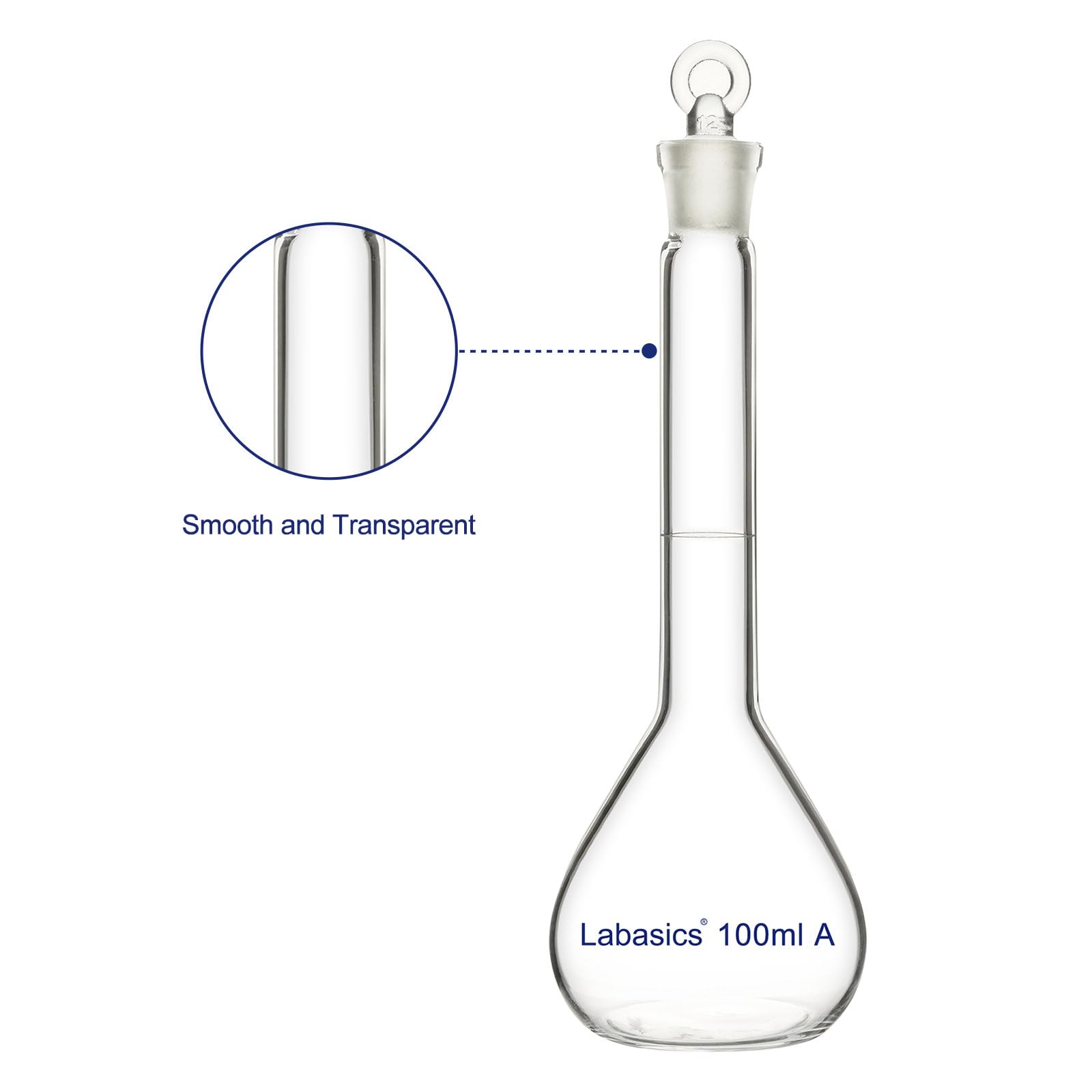 Labasics Matraz Aforado 100 ml Vidrio Borosilicato Clase A Tapón Vidrio Transparente para Laboratorio Químico Analítico