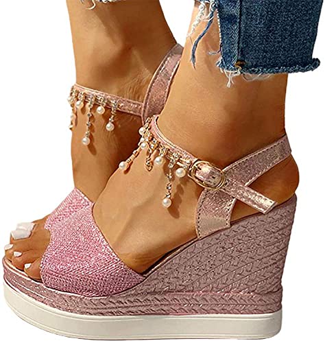 Onsoyours Donna con Zeppa Eleganti Roman Estivi Sandali Tacco Alto Donna Vintage Casual Moda Scarpe Spiaggia Bohemian Sandali Infradito da Donna Sposa A Rosa 38 EU