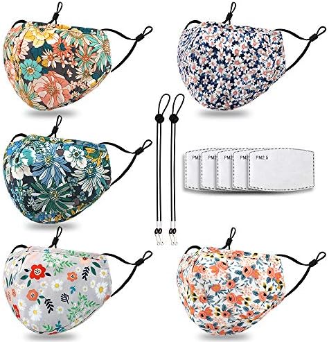 HOMITY Reusable and Washable Face Madk Build-in Nose Wire and Filter Pocket,With 5 Filters,2 Adjustable Lanyards,Breathable Dust Cloth Fabric for Outdoor(5PCS Daisy Print)