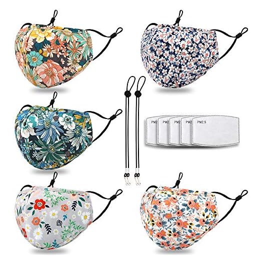 HOMITY Reusable and Washable Face Madk Build-in Nose Wire and Filter Pocket,With 5 Filters,2 Adjustable Lanyards,Breathable Dust Cloth Fabric for Outdoor(5PCS Daisy Print)