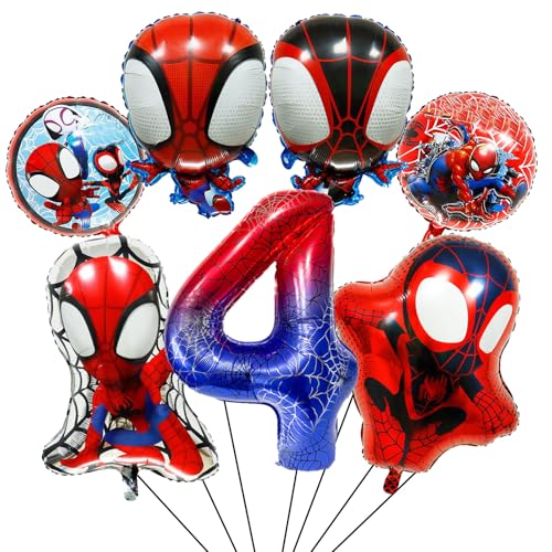 Niedliches und cooles Cartoon Ballon Geburtstags dekorations set 4 Jahr Kinder Party Aluminiumfolienballons deko 7 Stück set Enthält Runden Zahlen Cartoon Anime Charakter Ballons