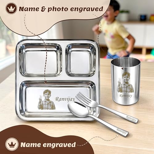 Image of SAVRI Personalized Kids Stainless Steel Dinner Set - Custom Laser Photo & Name Printed 3-Compartment Plate, Spoon, Fork & Glass | 4-Piece Baby Toddler Feeding Set | Birthday & Return Gift