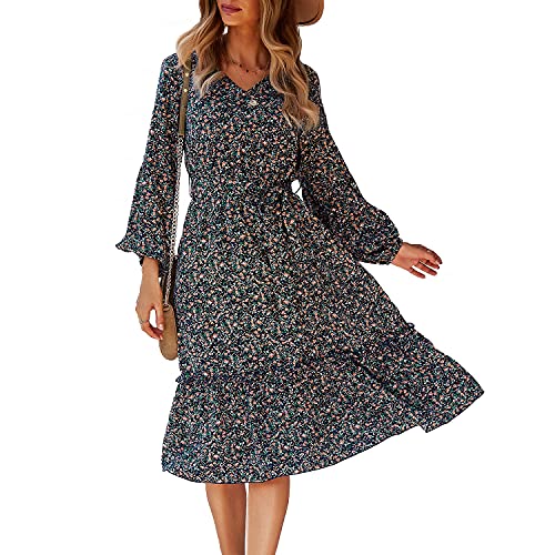 BROVAVE Womens Casual Long Sleeve Ditsy Floral Front Tie Ruffle Hem Flowy Midi Dress(Navy,l)