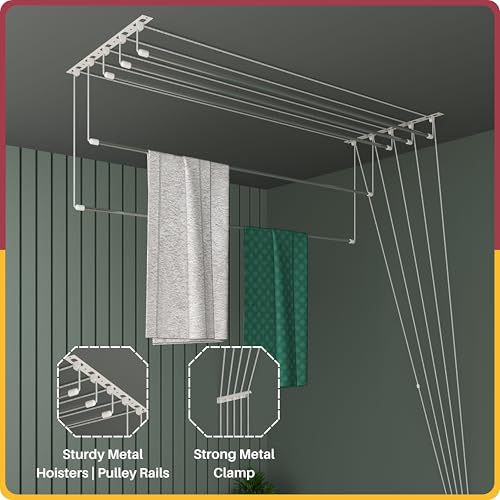 Image of Amiraj Individual Drop Down Ceiling Clothes Drying Stand | Heavy Duty Stainless Steel Cloth Dryer | UV Protected Nylon Ropes | Rust Proof Space Saving Laundry Rack | 5 Pipes, 4 Feet | Balcony & Indoor