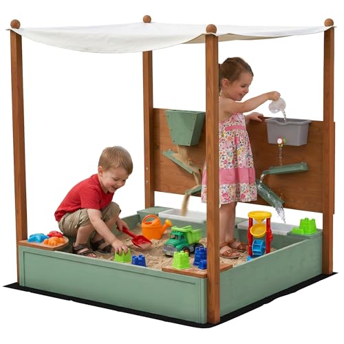 AIYAPLAY Arenero para Niños de Madera con Techo, Arenero Infantil con 2 Asientos, 2 Cajas, Grifo, Embudo, Caja de Arena para Niños de 3-6 Años, para Patio, Jardín, Balcón, 116x112,5x128 cm, Verde