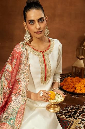 Image of Janasya Women's Off White Silk Blend Embellished Straight Kurta Set