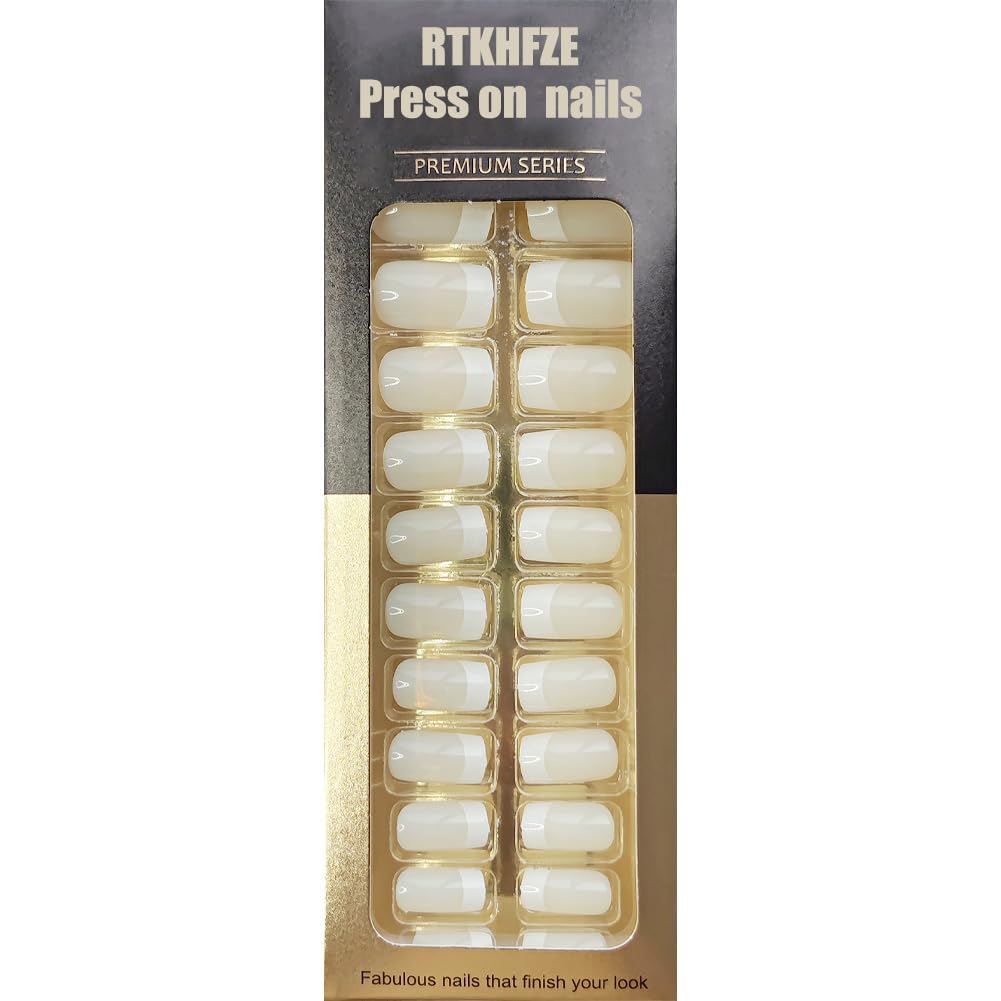 Photo 1 of 24Pcs Medium Press on Nails Coffin Fake Nails Glossy Ivory White Acrylic False Nails Square Glue on Nails White French Tip Stick on Nails for Women Nail Decorations