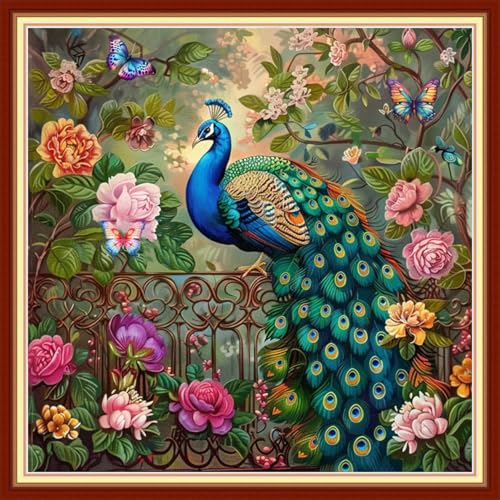 Image of Magxvouy Cross Stitch Kits Stamped Full Range of Embroidery Kits,Cross Stitch Patterns Needlework Kits for Beginners 11CT Printed Kits&Peacock Butterfly 18x18 inch