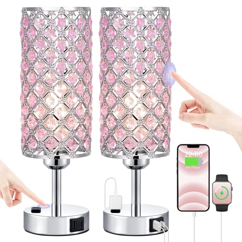 Image of Hong-in Pink Crystal Lamp Set of 2, 3 Way Dimmable Touch Lamp for Bedroom with Crystal Shade, Bedside Nightstand Lamps for Living Room Bedroom Home Office
