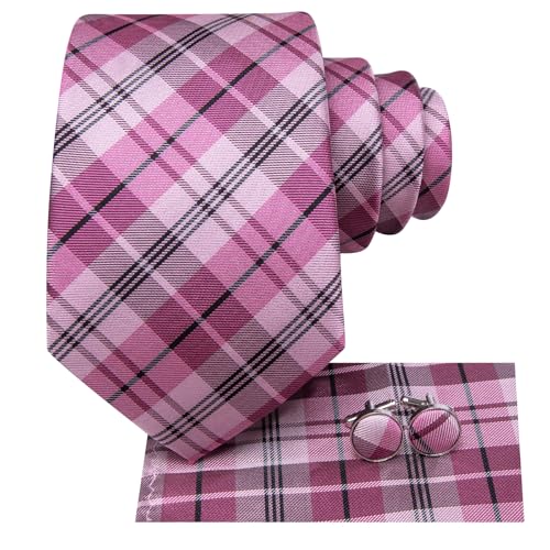 Image of Hi-Tie Mens Plaid Ties Classic Paisley Necktie with Handkerchief Cufflinks Set Business Stripe Tie