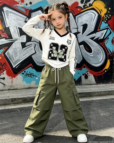 Image of Betusline Girls 2 Piece Summer Outfits,Kids Casual Short Sleeve Crop Top & Cargo Jogger Pants Sets,4T-14Y