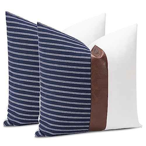 JOTOM Lot de 2 Housses de Coussin Rayées en Faux Cuir 50x50 cm Housses de Coussin décoratives Farmhouse pour Canapé, Salon lit Décoration 20x20 Pouces...