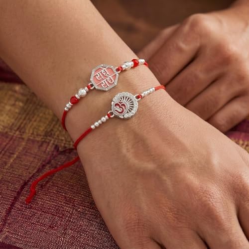Image of Peora Rakhshabandhan Thread Rakhi for Brother Bhaiya | Kundan Beads & Crystal Studded | Combo Set of 2 | Rakhi Hamper Roli Chawal & Greeting Card