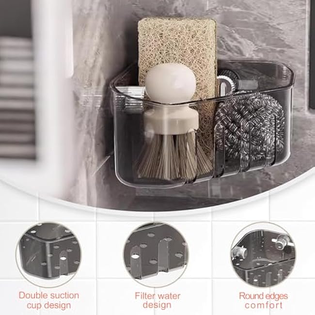 Suction Cup Sink Corner Holder, 2025 Upgrade Suction Cup Storage Rack, Strainer Basket Sponge Rack, Triangular Sinks Basket Shelf with Drain Hole for Bathroom & Kitchen(With Bath Puff) (Gray+Clear)