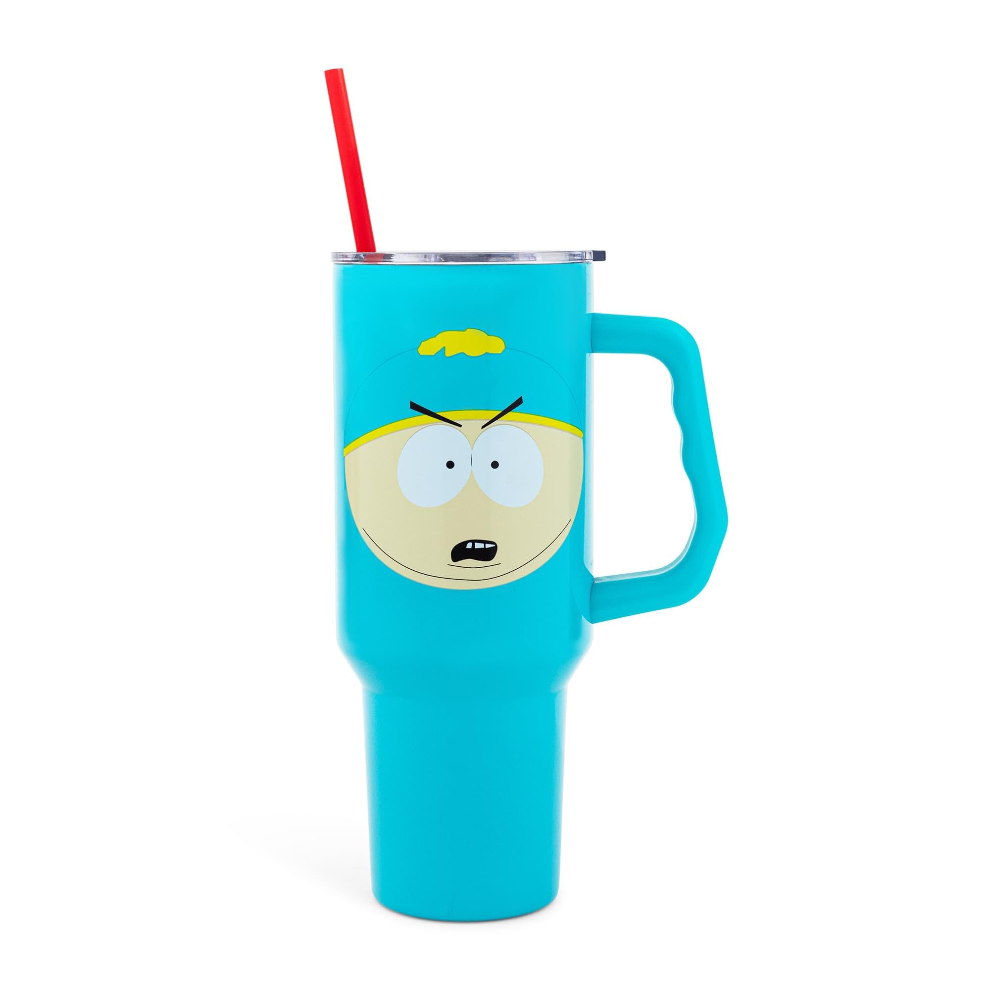 South Park Stainless Steel Tumbler with Handle Featuring Eric Cartman, Fits in Standard Cup Holder, 40 Ounces