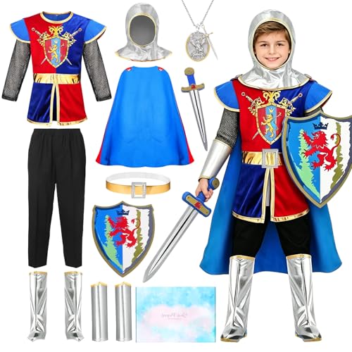 YYDSXK Deguisement Chevalier Enfant, Costume Chevalier avec Cape Réversible, Épée en Mousse et Bouclier, Cadeaux pour Garçons, Cosplay Chevalier Médiéval...