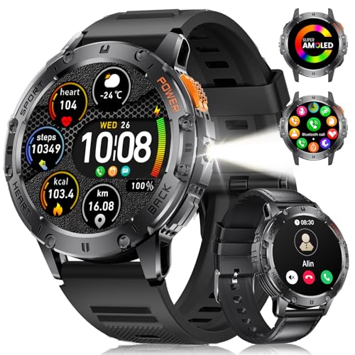 Smartwatch con 100+ Modalità Sportive Fitness Impermeabile AMOLED Orologio per iOS Android 2 Cinturini uomo 1.43 pollici bluetooth silicone nero