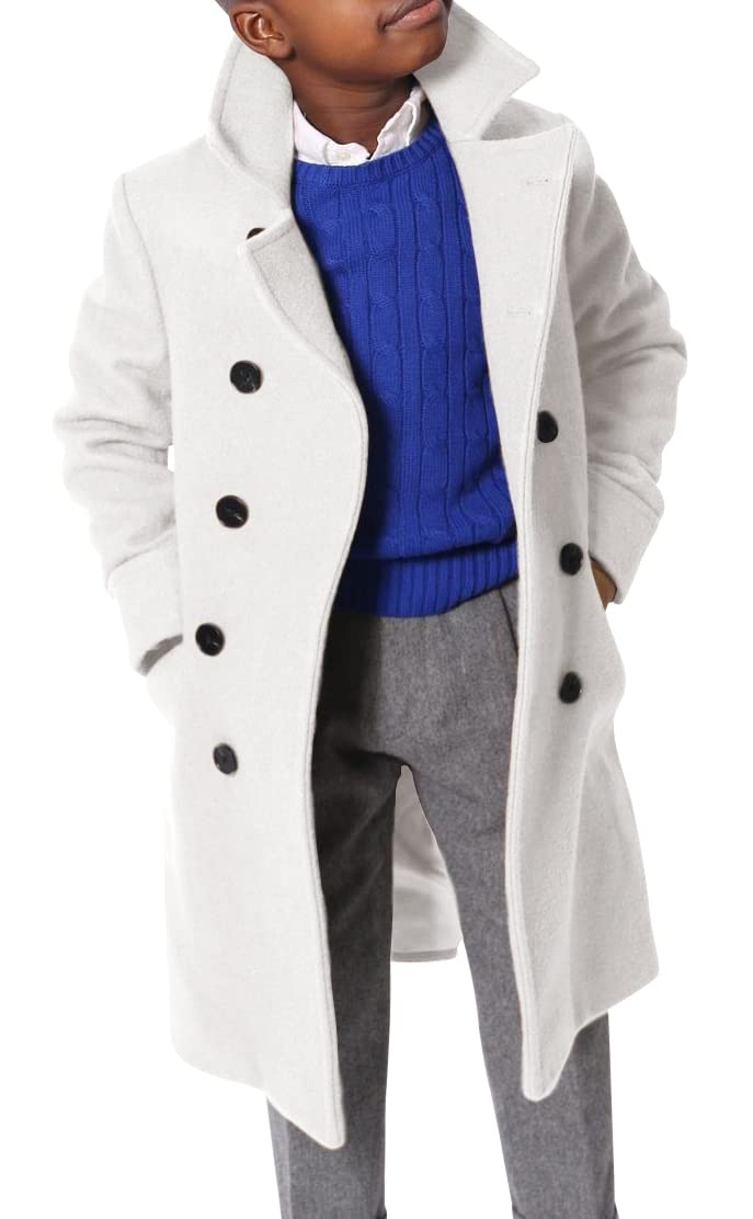 Ebifin Boys Notch Lapel Double Breasted Long Trench Coat Casual Classic Peacoat